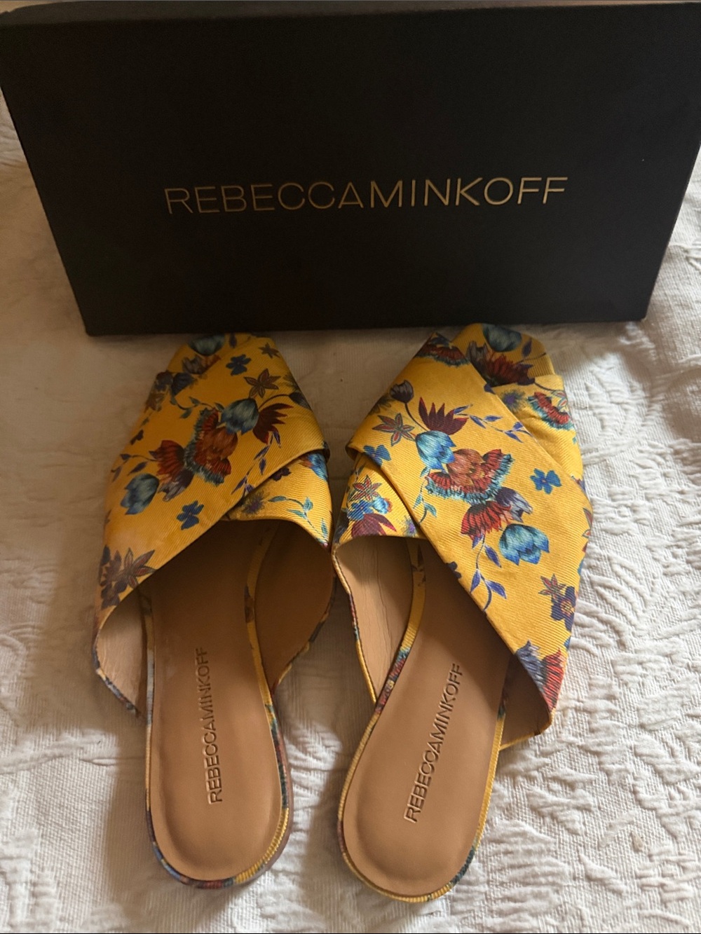 Rebecca Minkoff Yellow Floral Crisscross Slip-On Mules